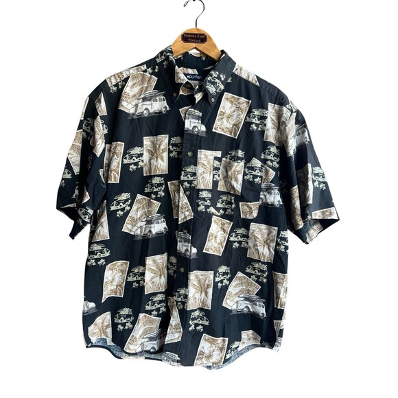 VTG Puritan Men LARGE Surfer Van Tropical Black Hawaiian Short Sleeve Button Up - Picture 8 of 8